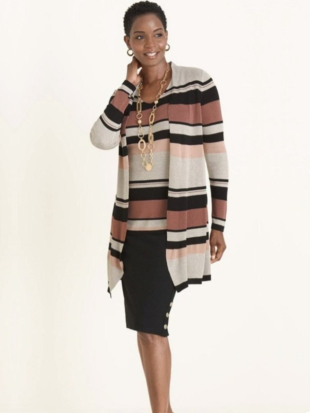 2/$30 Chico's Retro Striped Open-Front Longline Cardigan Brown Ivory 8 #A5132